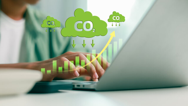 CO2 emission increase and carbon footprint growth chart concept in office.