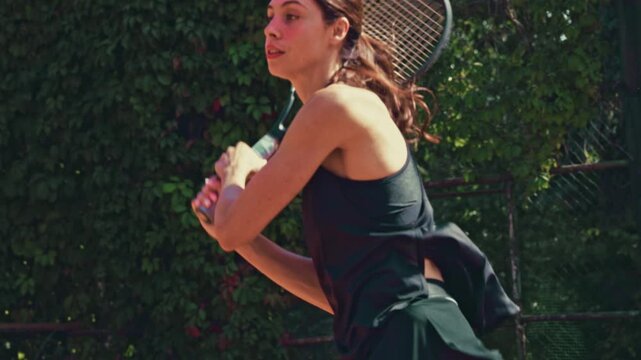 Focused female tennis player runs and returns balls in close-up front view on outdoor clay court with intense energy. Tennis action, agility training, sports fitness concept.