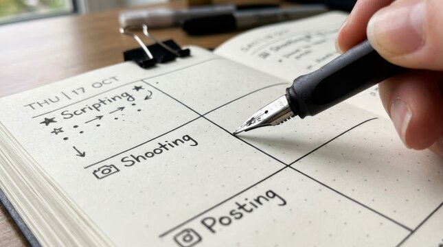 Macro shot of a person using a black fountain pen to write a daily schedule and tasks like scripting and shooting in a dotted paper planner for productivity and time management.