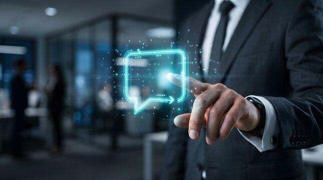 Business professional interacting with futuristic digital interface and glowing data screen, modern technology, user experience, virtual dashboard and digital transformation concept