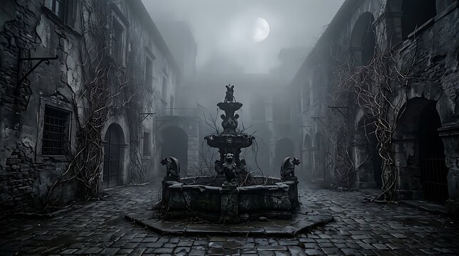 Mysterious fountain statue in a dark forest at sunset
