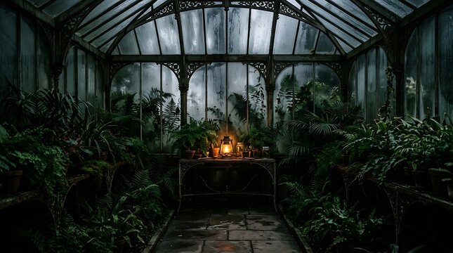 Mystery figure in a dim greenhouse with plants