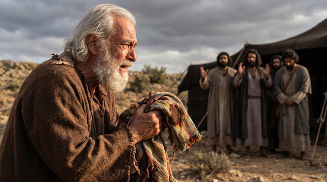 Jacob weeping over bloodied coat of Joseph, brothers in background with false mourning, biblical scene