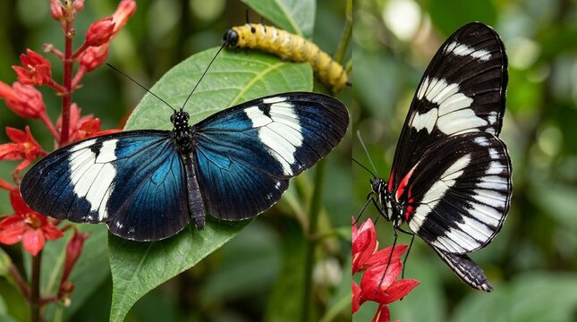 Sapho longwing butterfly Heliconius sapho displaying iridescent blue dorsal wings white stripes red wing base accents alongside its yellow caterpillar larva