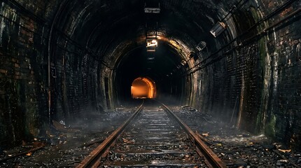 Fototapeta premium Train entering dark tunnel with lights