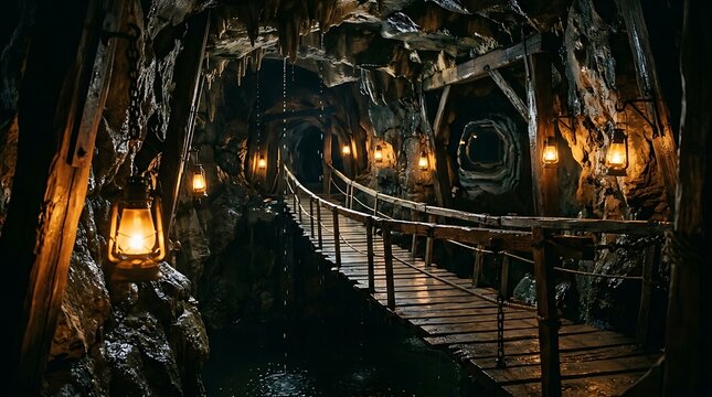 Night bridge with hanging lanterns and wooden walkway