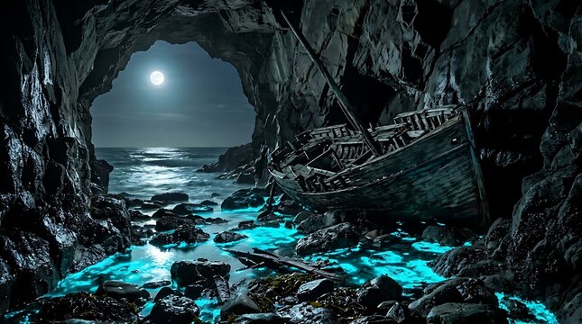 Shipwreck on mysterious glowing beach at night