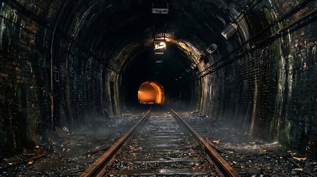Train entering dark tunnel with lights