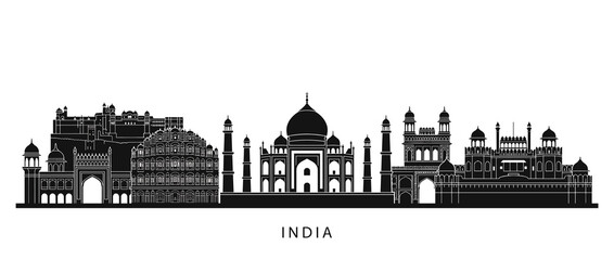 Obraz premium India Skyline Silhouette - Famous Landmarks Black and White Vector Art