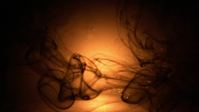 Halloween background featuring flowing black smoke, fabric strands, glowing orange and amber light, floating dust particles, eerie abstract atmosphere, dark seasonal design, atmospheric Halloween