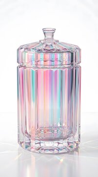 Elegant transparent perfume bottle isolated on white background, premium fragrance packaging with colorful reflections, beauty product presentation and luxury cosmetics concept