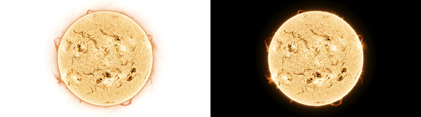 Solar prominence active sun glowing sphere with multiple sunspots and edge flares for cosmic design in PNG, Transparent and Black Background Versions © Tanay