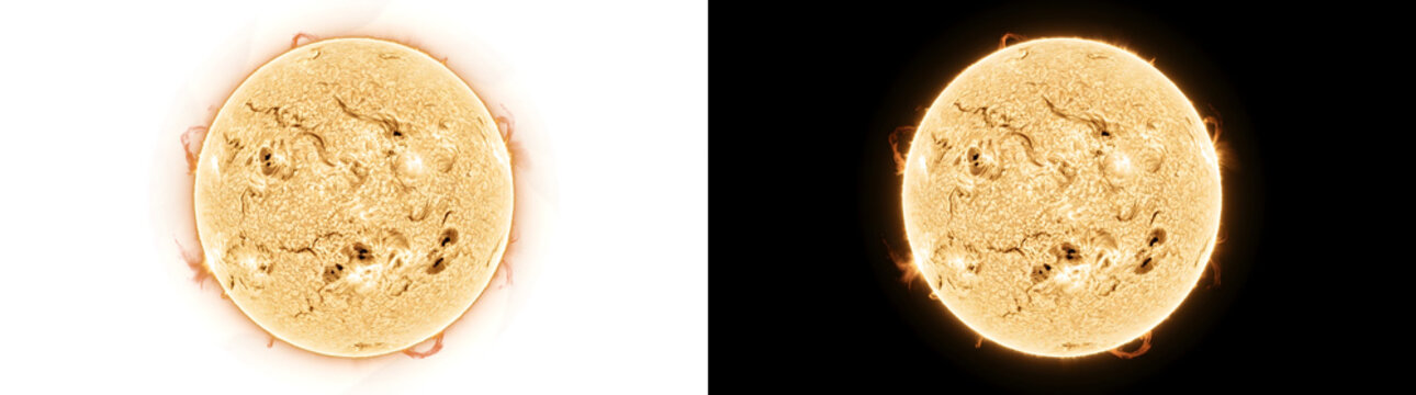 Solar prominence active sun glowing sphere with multiple sunspots and edge flares for cosmic design in PNG, Transparent and Black Background Versions