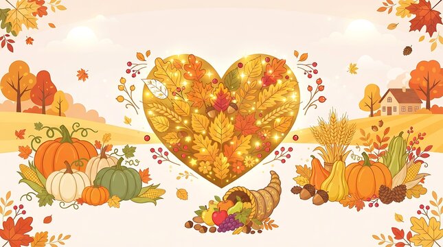 Warm autumn harvest scene with a glowing heart made of fall leaves, surrounded by pumpkins, gourds, cornucopias, and wheat, set against a backdrop of rolling hills and houses.