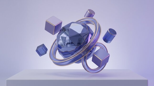 Floating abstract metallic shapes surrounding a central sphere with 3D render