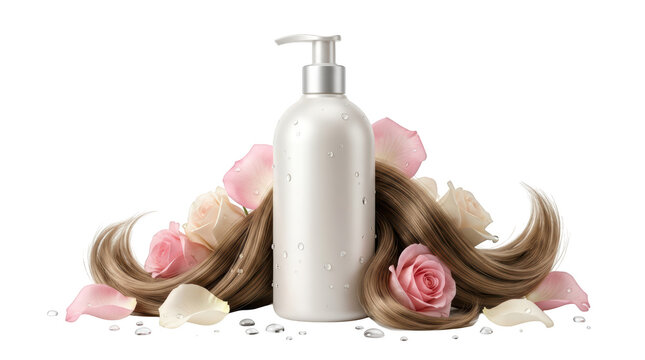 Hair care product bottle with roses isolated on transparent background