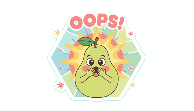 Cute cartoon pear character with a surprised expression and hands over mouth in front of a colorful sunburst with oops text.