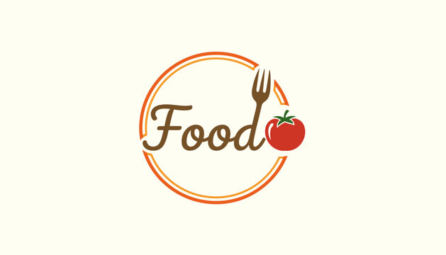 Food logo design with a stylized fork and a red tomato integrated into the lettering on a white circular background.