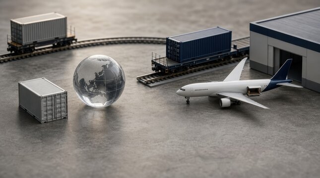 supply chain management logistics risk management. A miniature cargo plane and trains transport shipping containers around a transparent globe on a textured surface.