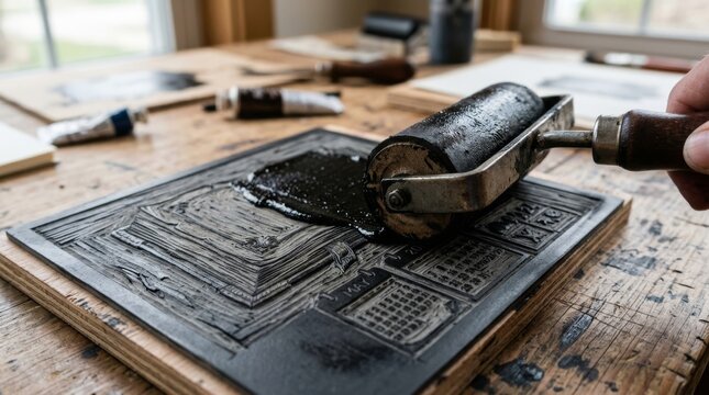 Macro photograph of a vintage printmaking process featuring a hand using a brayer roller to apply black ink onto a hand-carved linocut block with intricate calendar designs in an artist studio