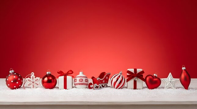 Festive christmas ornaments and gift boxes arranged in a row on a white wooden table background