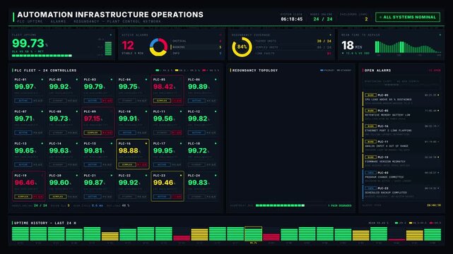 Explore the Automation Infrastructure Dashboard showcasing PLC uptime, alarms, and redundancy metrics with vibrant colors and animated KPI cards for enterprise reliability.