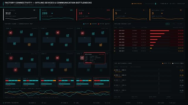 Explore a detailed factory connectivity dashboard showcasing offline devices and communication bottlenecks with vibrant colors and clear visual indicators for spatial awareness.