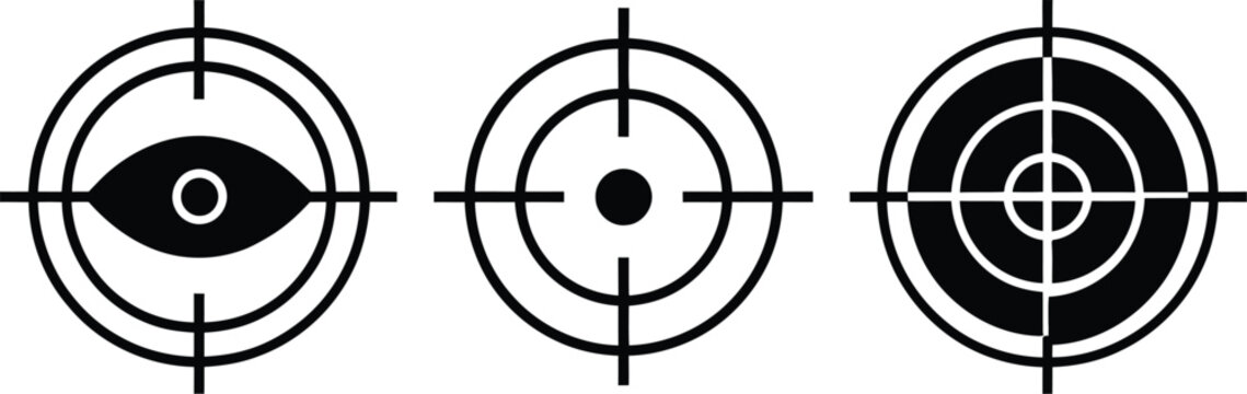 Crosshair target eye sniper scope icon set vector isolated on white background for aim goal and focus accuracy concept.