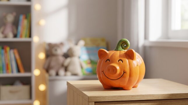 Cheerful pumpkin shaped piggy bank on a wooden table in a cozy children's room with soft natural light