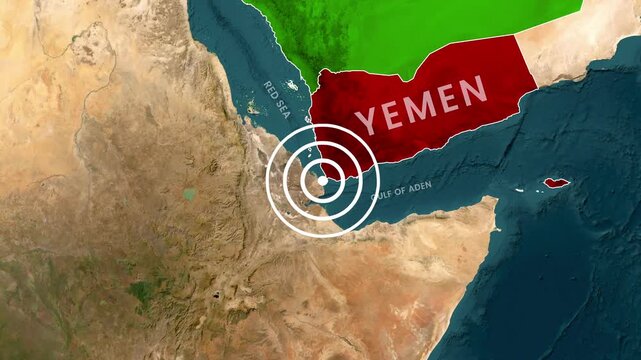 Animated map zooming into Yemen border with radiating signal waves