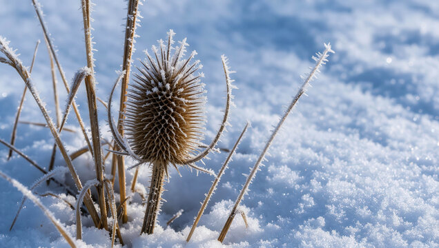 Description A dried teasel seed head covered in delicate frost stands among snow-covered stems, creating a serene winter nature scene.