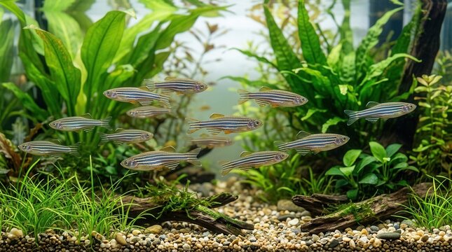 School of Zebra Danios Swimming in a Lush Freshwater Aquarium with Green Plants and Pebbles