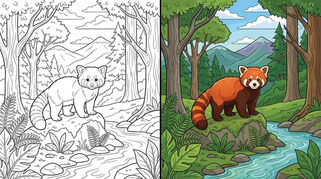 Cute Red Panda in Mountain Forest Before and After Coloring Page