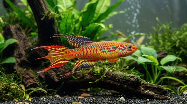 Vibrant Aphyosemion Australe Fish with Flowing Fins Swimming in a Lush Aquarium Environment