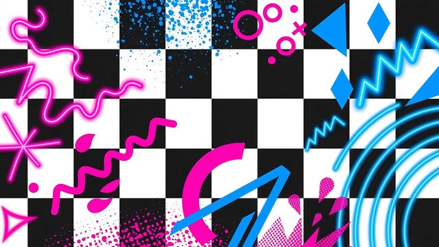 Retro 80s abstract geometric pattern illustration with neon shapes and chessboard background