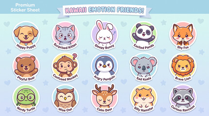 Obraz premium Set of cute kawaii animal emotion stickers with expressive faces sticker pack stickers emotions expressions illustration