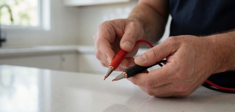 Close-up of an electricians hands carefully holding and preparing red and black test leads with copper tips over a bright kitchen counter.