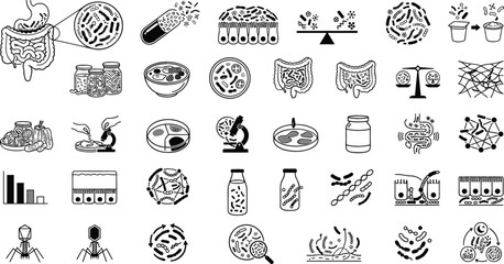 Fototapeta premium Gut microbiome and digestive health laboratory icon collection featuring intestinal bacteria, probiotics, cultures, microbiology research, and nutrition