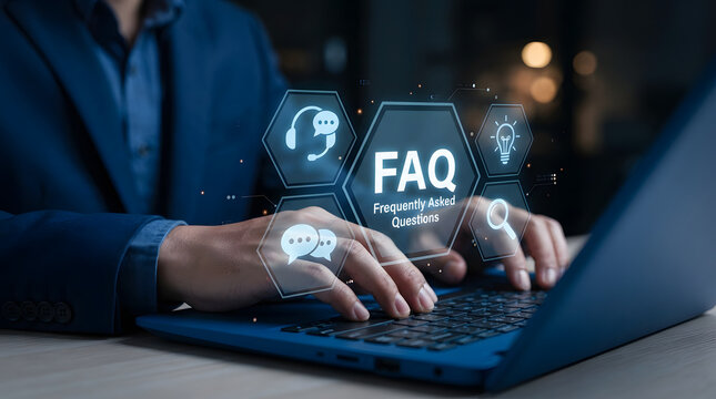Frequently Asked Questions (FAQ) and support-related concepts. Person using laptop with search, information, chat, customer service, helpdesk, online assistance, and Q & A services
