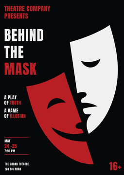 Minimalist theatre poster design featuring dramatic comedy and tragedy masks for drama performances, theatre festivals, posters, flyers, and entertainment branding.