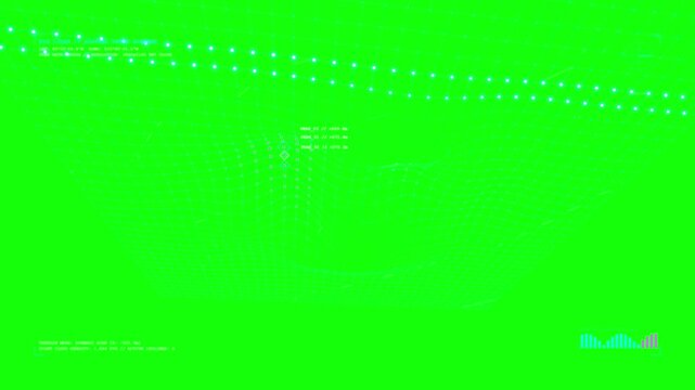 Digital lidar spatial depth scanner rendering virtual terrain mesh with glowing grid lines on green background