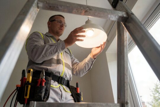 Apprentice electrician installs a bright pendant light while standing on a ladder, framed by metal rails, in a well-lit interior space.