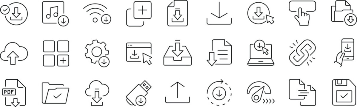 Download set of web icons in line style. Upload and Download linear icon collection. Containing arrow, link, folder, download file, cloud storage, web button.