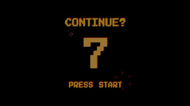 Retro pixel art countdown with CONTINUE AND PRESS START text animation 8bit style alpha channel, perfect for retro game animation.