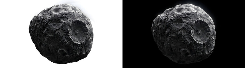 Asteroid irregular shape with deep impact crater and jagged cratered terrain illustration for astronomy science design featuring PNG, Transparent and Black Background Versions © Tanay