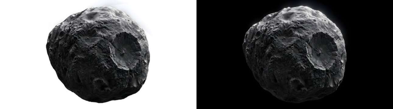 Asteroid irregular shape with deep impact crater and jagged cratered terrain illustration for astronomy science design featuring PNG, Transparent and Black Background Versions