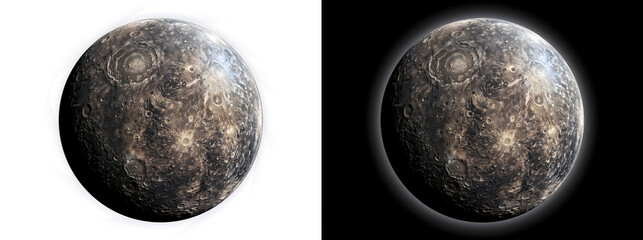 Cratered moon with dark rocky surface bright impact rays and rugged terrain illustration for astronomy education design featuring PNG, Transparent and Black Background Versions © Tanay