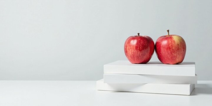 Two red apples rest atop a stack of pristine white books against a minimalist backdrop