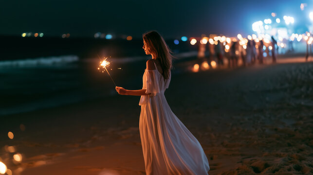 Beautiful woman celebrating New Year on a beach at night, holding a glowing sparkler in an elegant white dress with festive lights and a joyful coastal atmosphere. 
