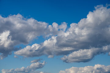 Fluffy white and shadowy grey cumulus clouds drift across a vibrant azure sky on a bright, sunny day. © Andrey